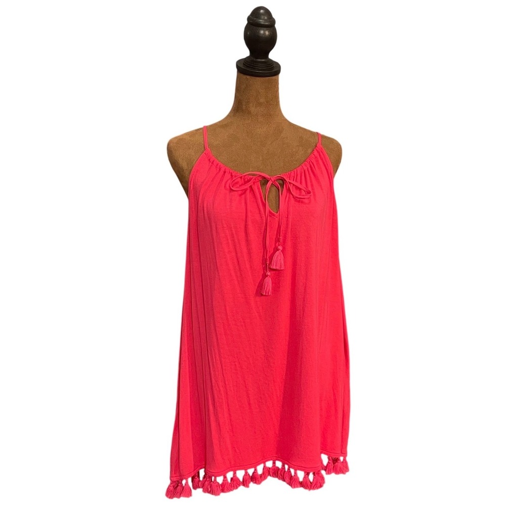 Tommy Bahama Pink Tassel Tank Top Women's L Sleeveless Boho Beach Rayon Stretch
